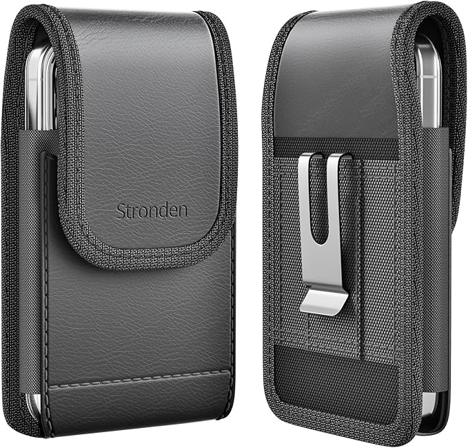Magnetic Closure Holster for iPhone 17 Pro, 17 Air, 17e, 17, 16 Pro, 16e, 16, 15 Pro, 15, 14 Pro, 14, 13 Pro, 13, 12 Pro, 12 - Vertical Leather Nylon Belt Case Pouch (Fits Slim Case on) (Medium)