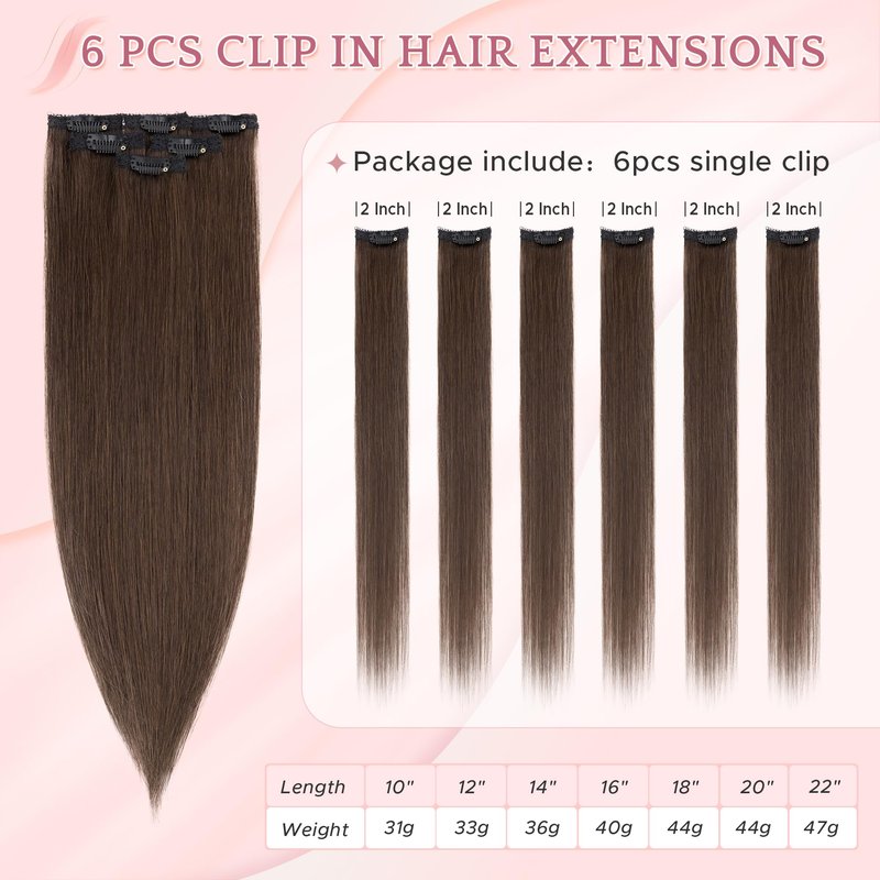 SEGO Single Clip In Hair Extensions Real Human Hair 6 Pcs Individual Clip Ins Remy Straight Soft Seamless Hairpieces for Women -14 Inch #02R Dark Brown