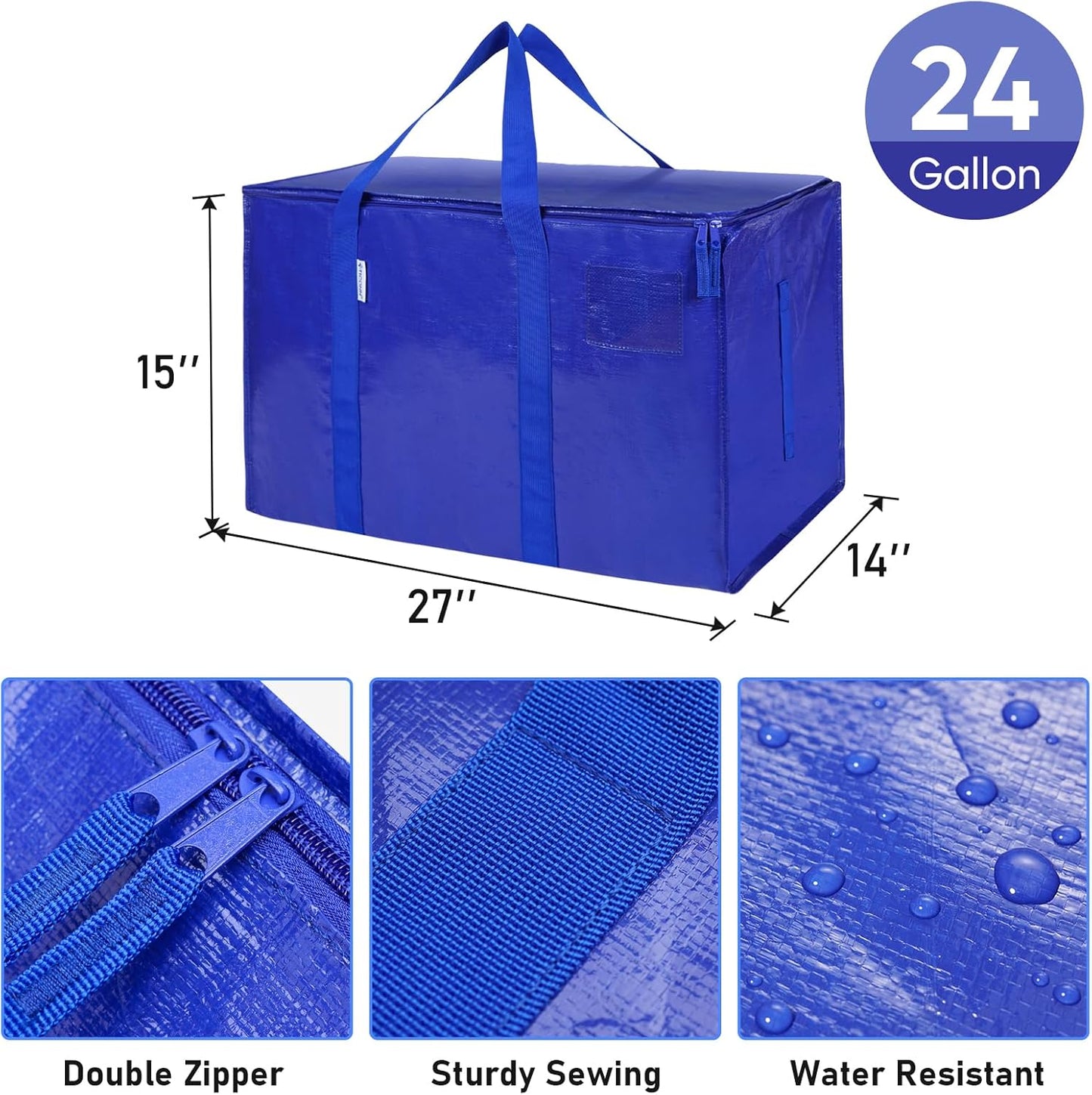 TICONN Extra Large Heavy-Duty Moving Bags - Durable Storage Solution with Zippers & Handles | 4 Pack, Blue