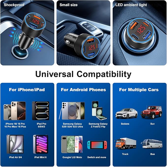 USB C Car Charger,2Pack 65W 4 Port Fast Charging Car Phone Charger with Voltage Display,Multi Port Cigarette Lighter Adapter USB Chargers for iPhone 17 16 15 14 Pro Max,Galaxy S25,iPad,Pixel,Android