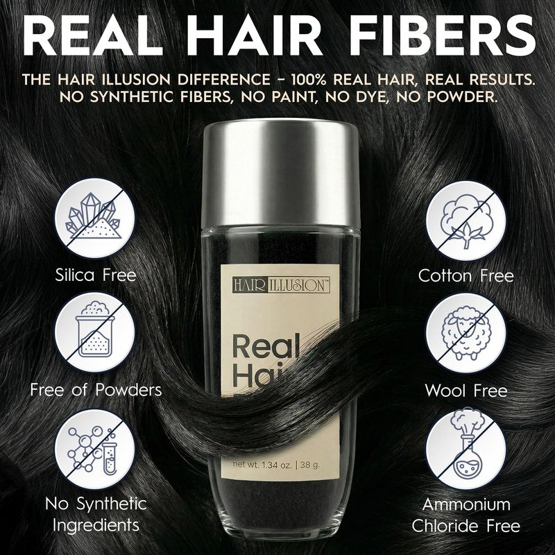 Hair Illusion Black Real Hair Fibers for Thinning Hair - 100% Natural Texture, Non Synthetic Hair Fibers - Bald Spot Cover Up for Women & Men - 38 Gram