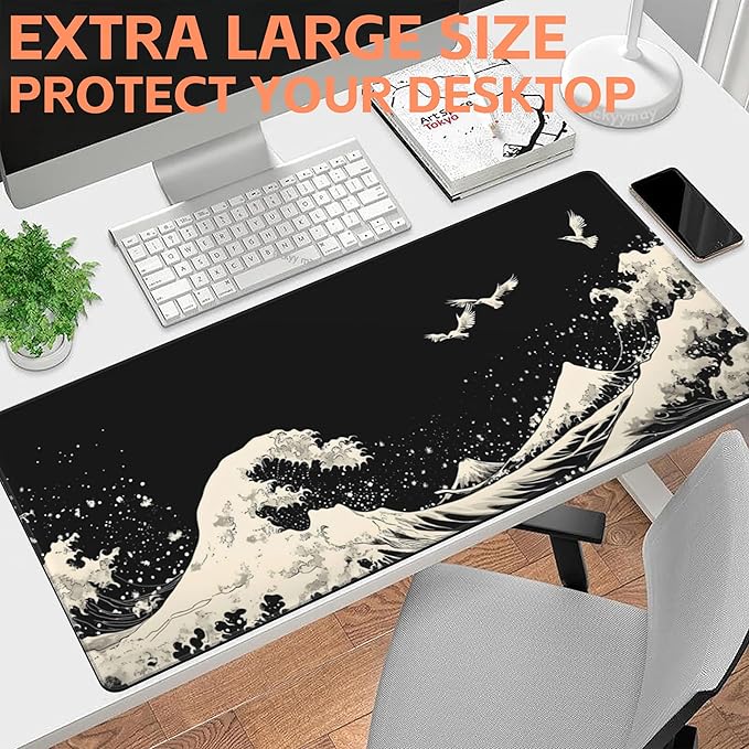 NIYLYNSYN Mouse Pad Large White Wave Non-Slip Gaming Desk Mat with Stitched Edge Laptop Keyboard Desk Pad for Work Home Gaming (35.4 x 15.7 Inches)