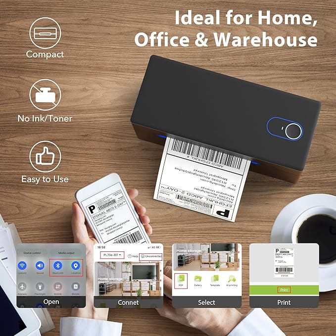 Nelko Bluetooth Thermal Shipping Label Printer, Wireless 4x6 Shipping Label Printer for Shipping Packages, Support Android, iPhone and Windows, Widely Used for Amazon, Shopify (Black)