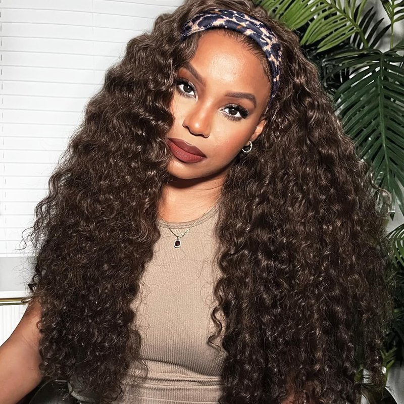 Headband Wig - Human Hair Deep Wave Half Wig | Glueless Brazilian Curly Wig for Black Women - 12 Inch, Chocolate Brown
