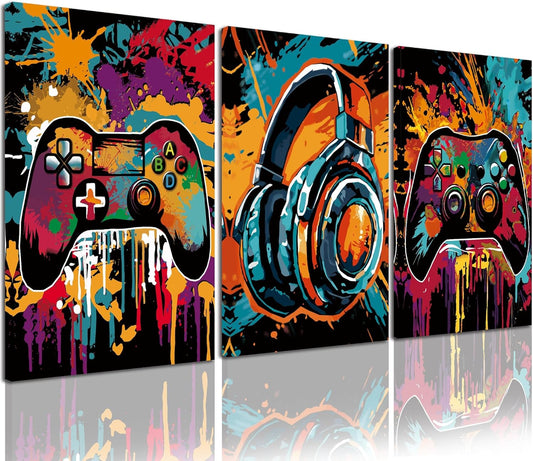 PHOPAGO Gaming Wall Art - Cool Watercolor Graffiti Pictures for Gamer Room Decor | 12x16 in, Set of 3