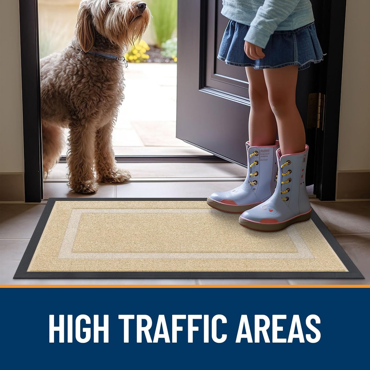 OLANLY Front Door Mat - Waterproof All-Season Doormat | Sturdy Natural Rubber, Easy Clean, 71x23, Beige