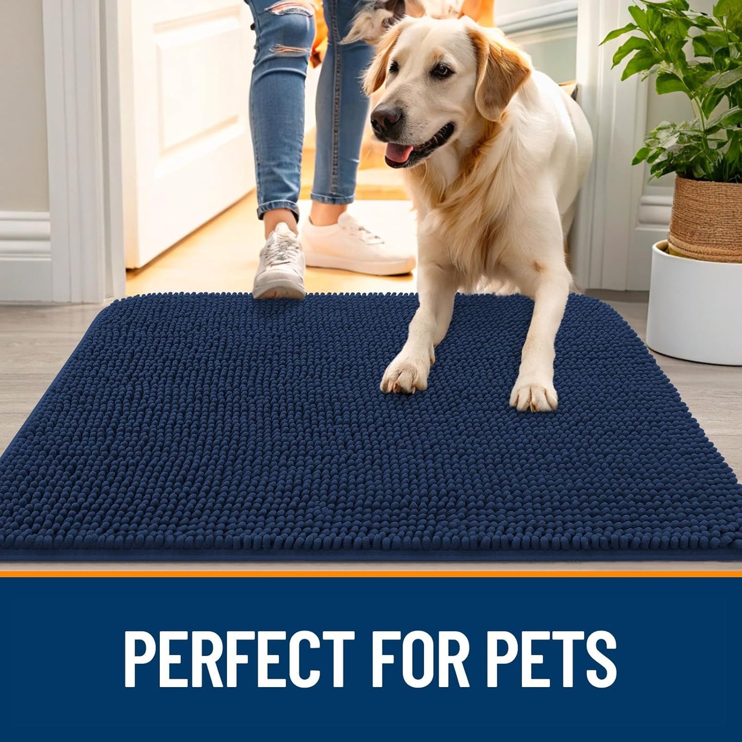 OLANLY Dog Door Mat - Absorbent Non-Slip Mud Mat for Indoor Use | Quick Dry Chenille, 30x20, Dark Blue