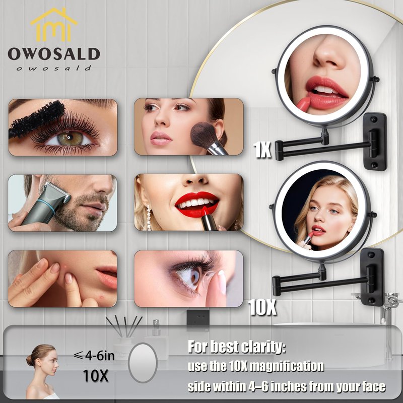 Wall Mounted Makeup Mirror, 1X/10X Magnifying, 360° Rotation, 3 Color LED Lighting, Touch Screen Dimming, Extended Arm, Black Bathroom Mirror