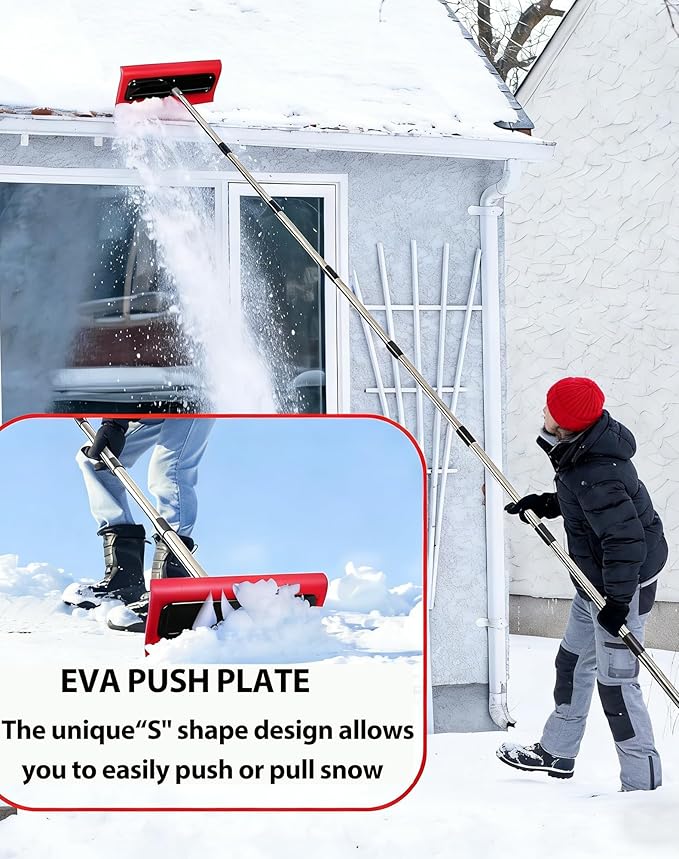 Roof Rake for Snow, Snow Roof Rakes Removal Tool Shovel for House , Adjustable Telescoping Plate Stainless Steel Telescopic Pole for Roof Car Outdoor Snow Cleaning (141.7in)