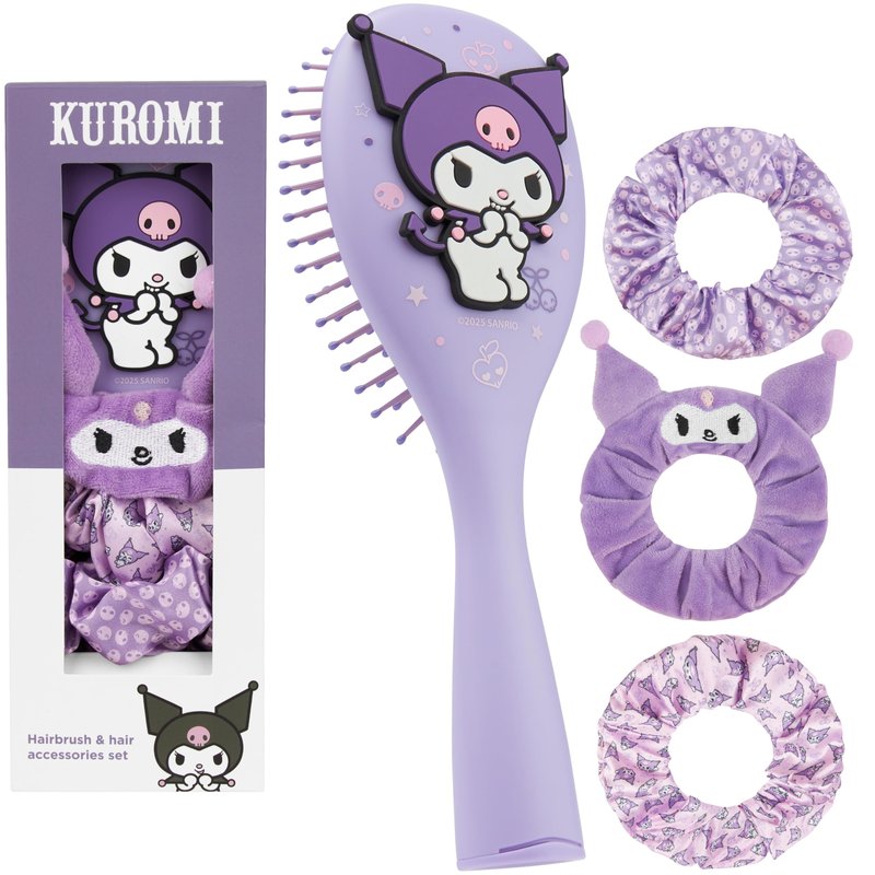 Hello Kitty Sanrio Hair Brush & Scrunchies Set, Kawaii Kuromi, Cinnamoroll Cute Stuff, Detangler Brush, Gifts for Women, Wife, Girlfriend, Girls, Teens (Kuromi Brush & Scrunchies)
