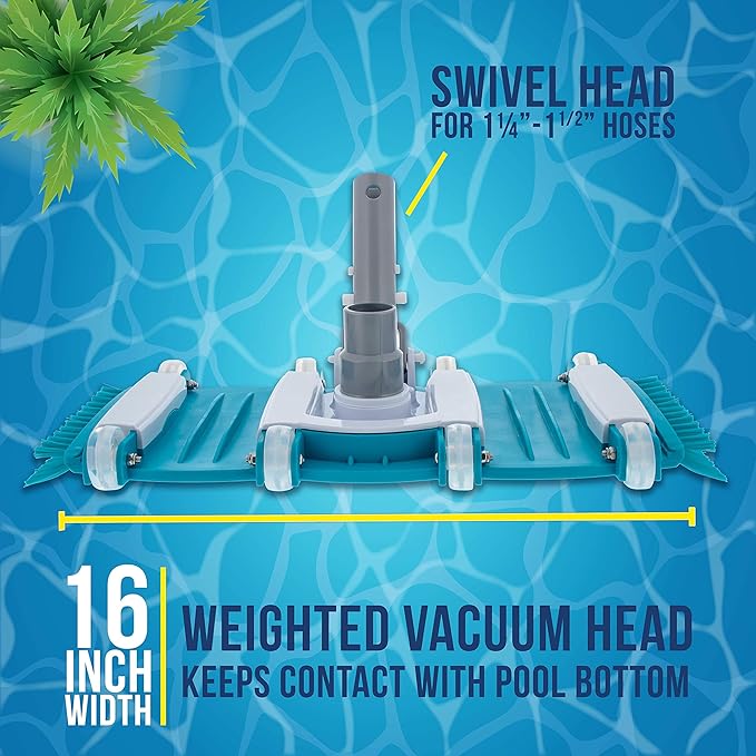U.S. Pool Supply 16" Manual Pool Vacuum Head for Inground Pools, Side Brushes, Flexible, Weighted - Swivel Connection 1.25" or 1.5" Hoses - Cleaner Accessory Attachment, CleanDebris, Metal Pole Handle