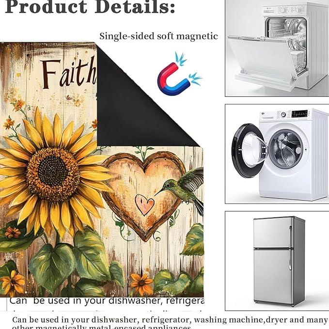 Sunflower Hummingbird Magnet Dishwasher Cover Kitchen Decor Sticker, Faith Hope Love Magnetic Fridge Panel Skin Cover Country Flower Dishwasher Panel Decal, 23" x 26" Magnetic