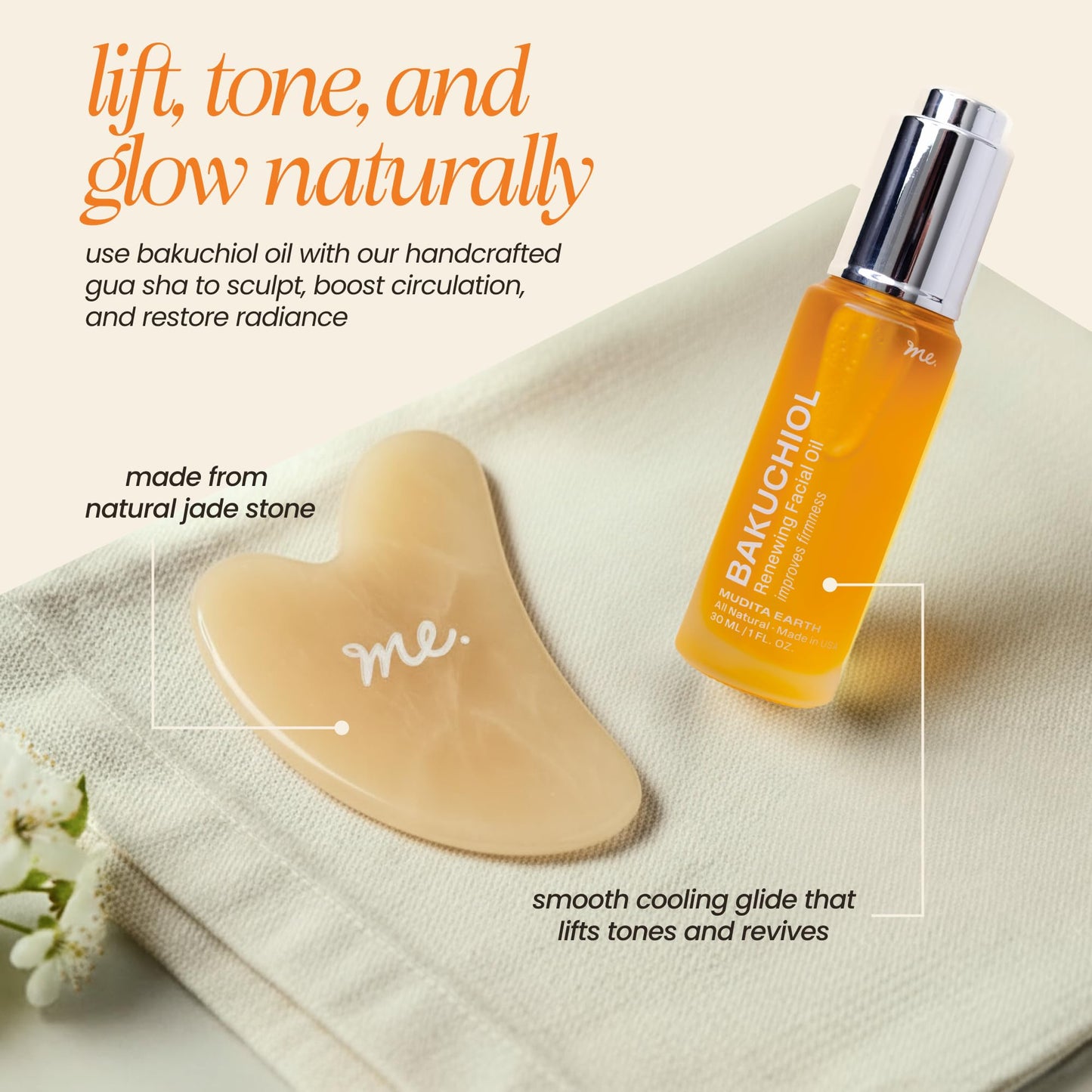 Gua Sha Kit for Depuffing and Lymphatic Drainage with Bakuchiol Face Oil | Natural Jade Gua Sha Facial Tool and 1% Bakuchiol Oil for Firming and Glow | Retinol Alternative | Vegan | Mudita Earth