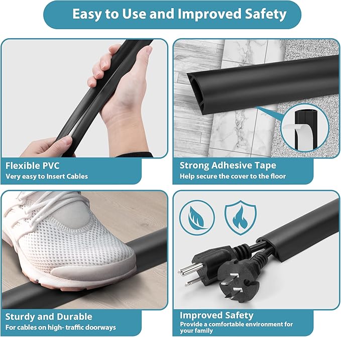 LZEOY Cord Hider Floor, 3FT, Grey Cord Cover Floor, Cord Protector Floor Extension Cable Cover, Soft PVC Wire Covers - Cable Management Hide Cords on Floor - Cord Cavity: 0.7" (W) x 0.4"(H)