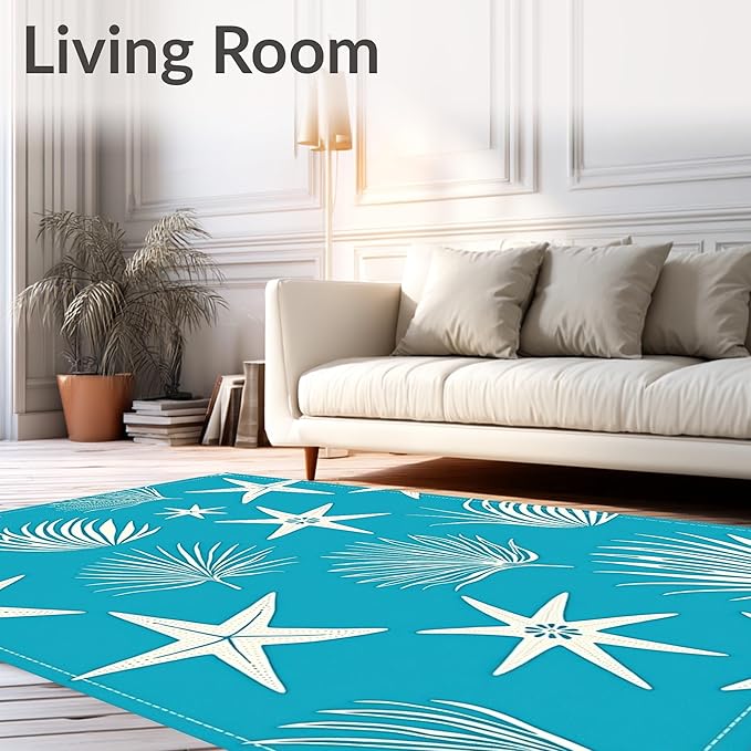 Flatwoven High Traffic Area Rug 4x6, Starfish and Conch Drift with Lighthouse Accents, Non Slip, Stain Resistant, Washable Area Rugs for Living Room, Bedroom (Blue, 4x6)