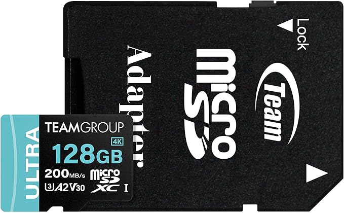 TEAMGROUP A2 Ultra Card 128GB MicroSDXC UHS-I U3 A2 V30, R/W up to 200/80MB/s for Nintendo-Switch1, Steam Deck, Gaming Devices, Tablets, Smartphones, 4K Shooting, with Adapter TULMSDX128GIA2V3022503