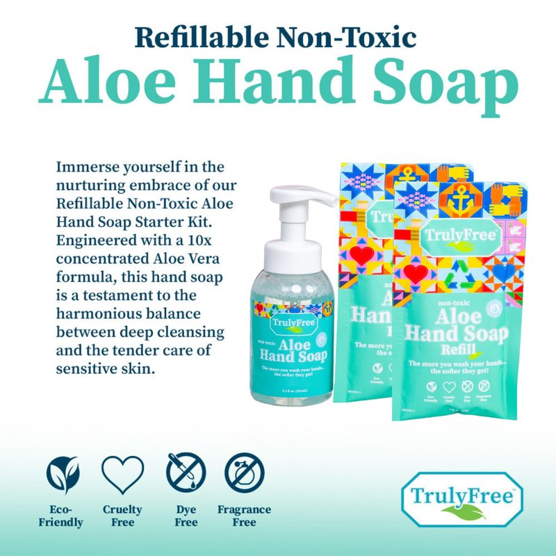 Truly Free Aloe Unscented Hand Soap - 10x Concentrated Aloe Vera, Non-Drying Gentle Cleanser - Bathroom Hand Soap - 1 Empty Bottle with Foaming Dispenser Pump + 2 Moisturizing Hand Soap Refill Pouches