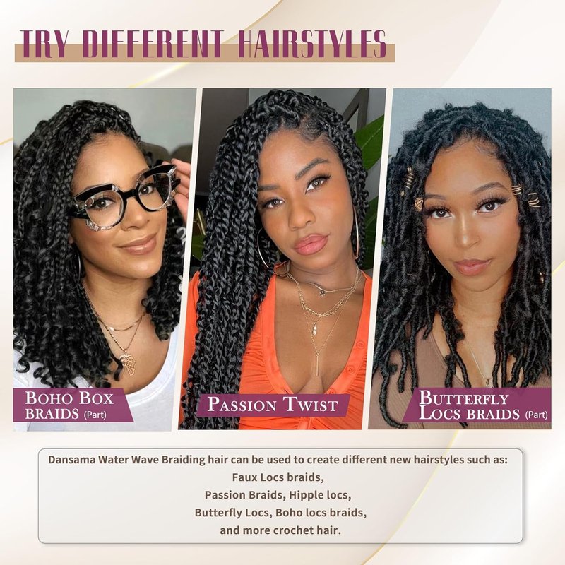 Passion Twist Hair - Water Wave Braiding Extensions for Butterfly Style Crochet Braids | 24 Inch, #1B (7 Packs)