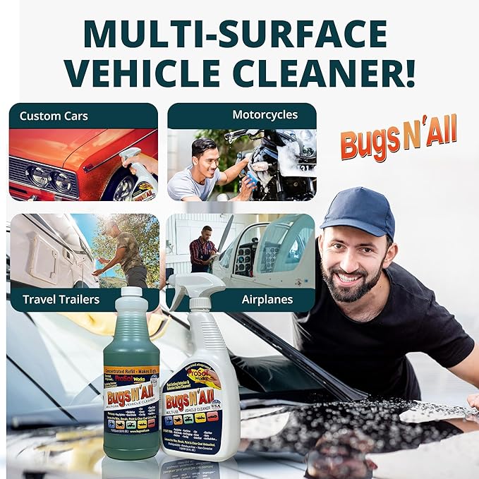 Bugs Nâ All Multipurpose Car Cleaner & Degreaser - Bug & Tar Remover Concentrate 32 oz - Exterior Cleaner Safe for Car Paint, Metal, Chrome, Aluminum, Windows & Mirrors - w/Free 32 oz Spray Bottle