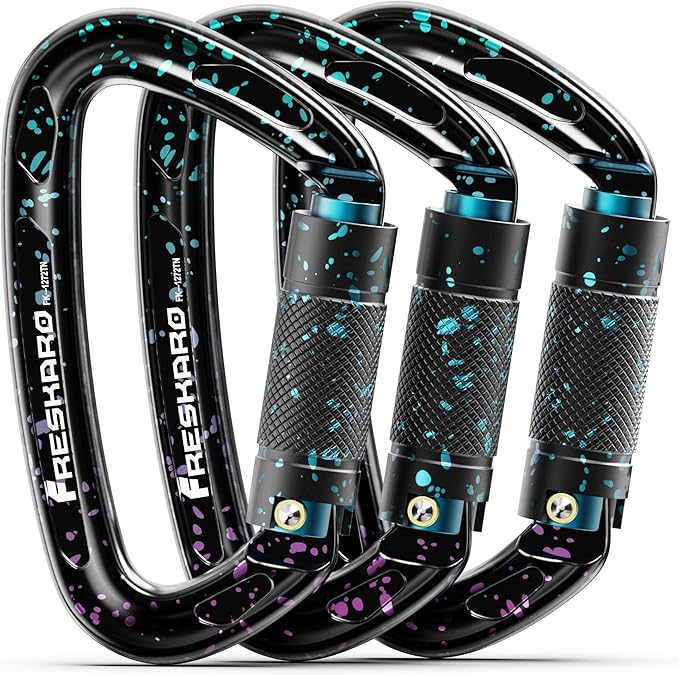 FresKaro UIAA Certified 25KN Auto Locking Climbing Carabiner Clips, Twist Lock, and Heavy Duty Carabiners for Rock Climbing, Rappelling, and Mountaineering, D Shaped (3PCS-Speckled)