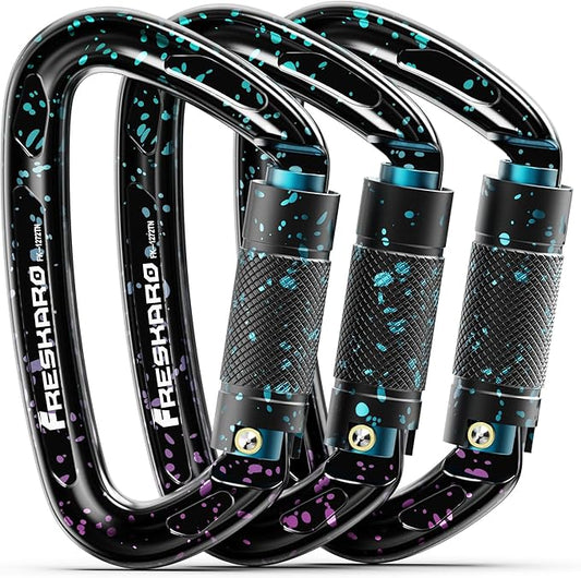 FresKaro UIAA Certified 25KN Auto Locking Climbing Carabiner Clips, Twist Lock, and Heavy Duty Carabiners for Rock Climbing, Rappelling, and Mountaineering, D Shaped (3PCS-Speckled)
