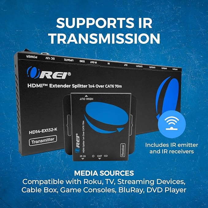 OREI 1080p 1×4 HDMI™ Extender Splitter (Loop) – HDCP 1.4, 230ft over Cat6/7, PoC, EDID Management, HDMI Loop-Out (HD14-EX132-K)