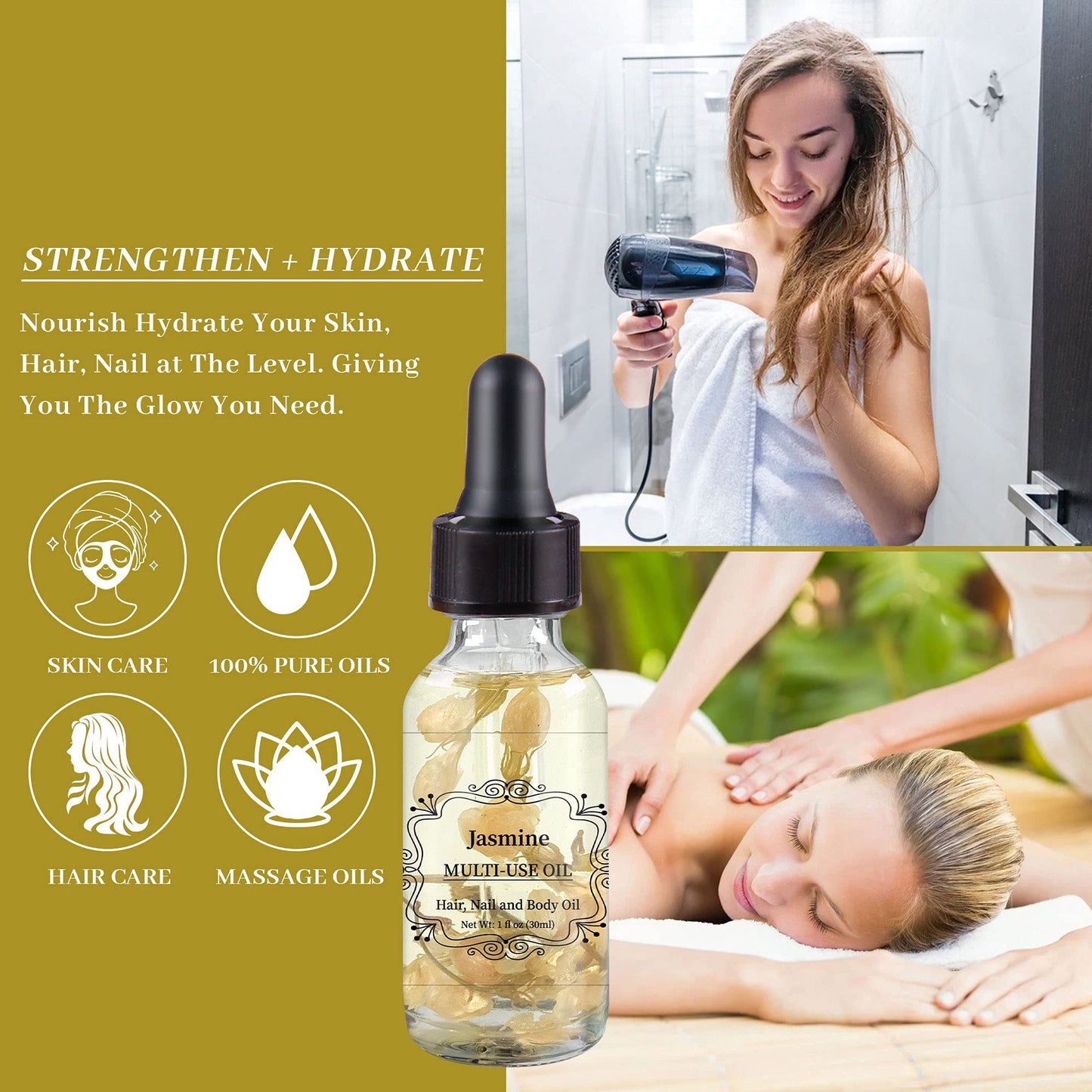 Jasmine Multi-Use Oil for Face, Body and Hair - Plant Fragrant Essential Oil for Dry Skin, Scalp and Nails - 1 Fl Oz