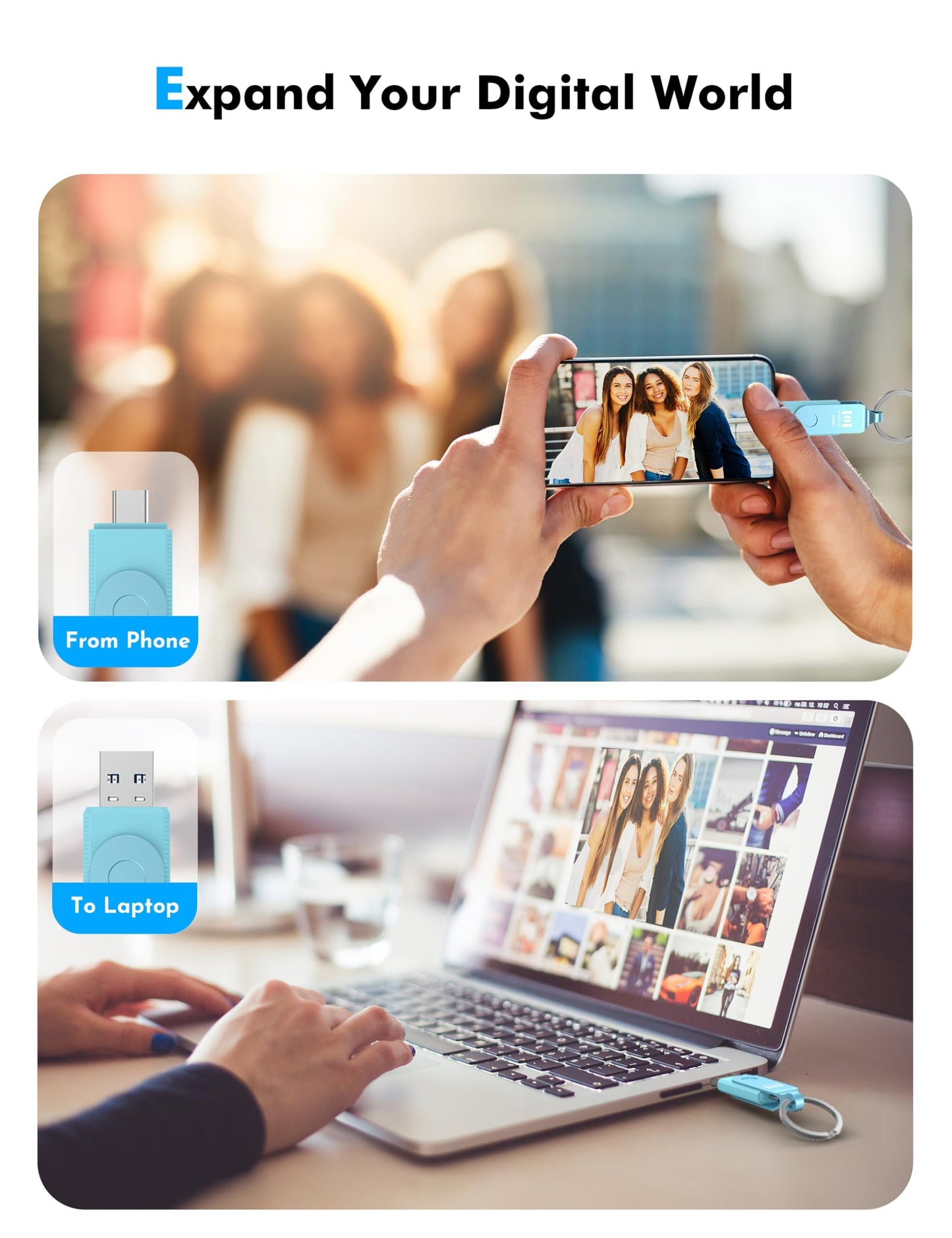 MOSDART 128GB USB C 3.2 Fast Speed C and A Dual Flash Drive, exFAT Memory Stick with Keychain and LED Indicator, for iPhone 15,16,17, Android Phone, iPad, MacBook, and Other Laptops, Sky Blue