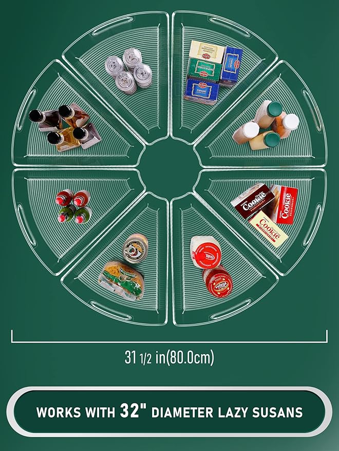 Lazy Susan Cabinet Organizer Bins for 26"/ 28"/ 32" Diameter Corner Organizer, Plastic Cabinet Storage Bin, 1/8 Wedge - Food Safe, BPA Free, with Non-Slip Pads (for 32" Diameter, 8 Pack)