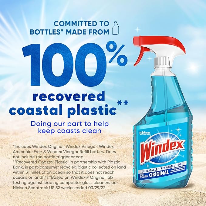 Windex Glass Cleaner Spray Refill, Original Blue Window Cleaner Works on Smudges and Fingerprints, Bottle Made from 100% Recovered Coastal Plastic, 2L (Pack of 2)