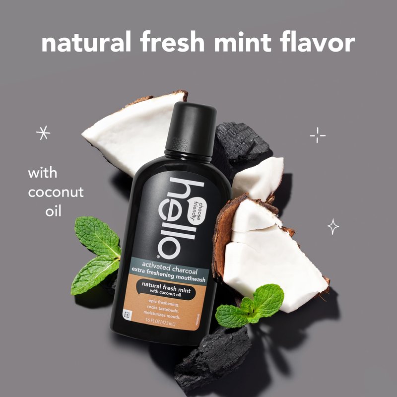 Hello Activated Charcoal Extra Freshening Mouthwash, Natural Fresh Mint and Coconut Oil, Fluoride Free, Alcohol Free, Vegan, SLS Free and Gluten Free, 16 Fl Oz (Pack of 3)