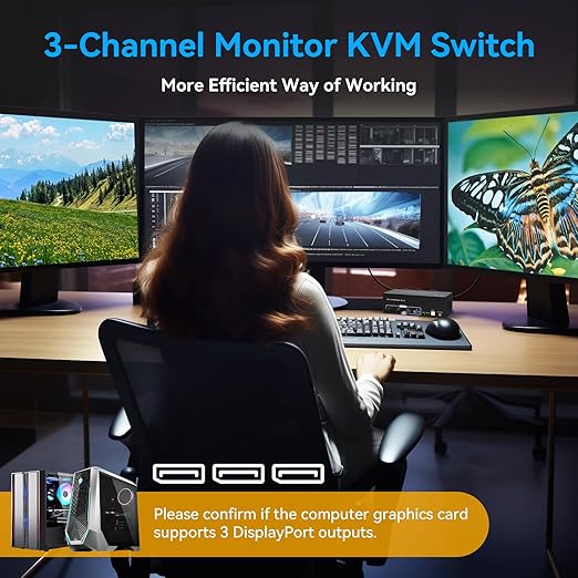ATLAHET 2 PC Share 4 USB 3.0 8K Displayport KVM Switch 3 Monitors 2 Computers 4K 120Hz DP