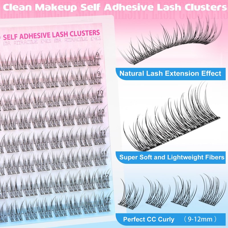 Self Adhesive Eyelashes Natural Self Adhesive Lash Clusters 9-12MM Wispy Eyelash Clusters No Glue Needed Cluster Eyelash Extensions Waterproof Pre glued Individual Lashes Extension by TNFVLONEINS