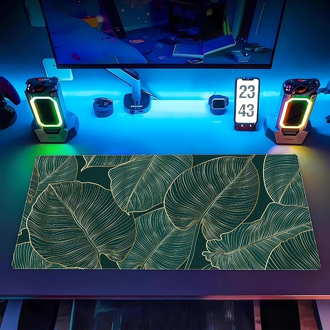 Luxury XXL Desk Mat 31.5x15.7 Emerald Green Gold Leaf Mouse Pad