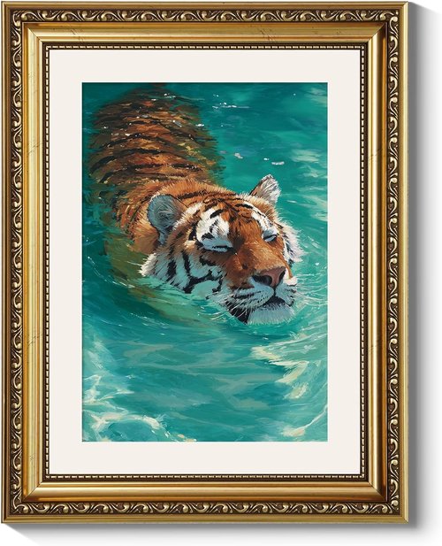 ARPEOTCY Gold Framed Canvas Wall Art - Vintage Swimming Tiger Painting | 11x14 Inch Aqua Blue Decor for Living Room, Bedroom, Office
