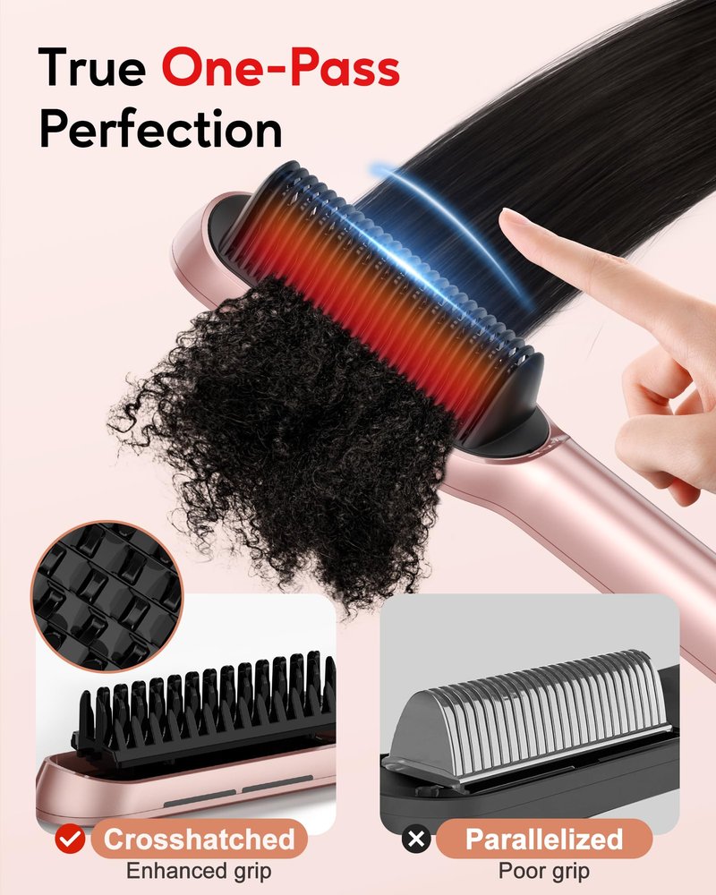 Terviiix Hair Straightener Brush Rose Gold - Ionic Anti-Frizz Hair Straightening Comb with MCH Heater, 13 Heat Settings, Fast Heating 20S, Dual Voltage, for Smooth & Shiny Hair