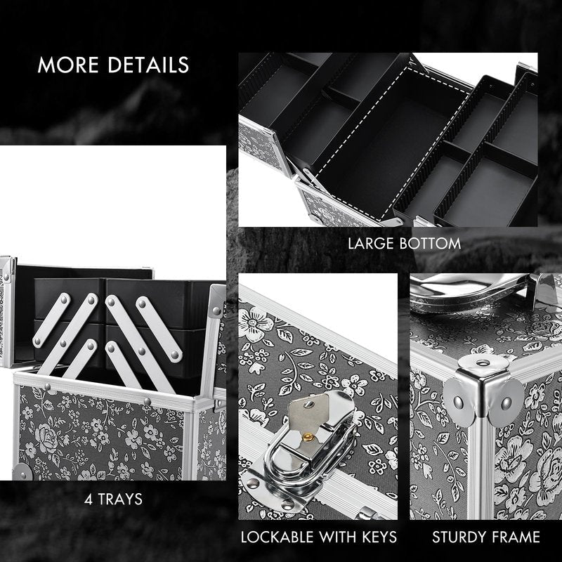 Frenessa Makeup Case Makeup Box Cosmetic Organizer Case Portable Make Up Travel Case Storage Box 4 Trays with Dividers Lockable Hard Train Case Nail Tech Supply Storag Silver Floral
