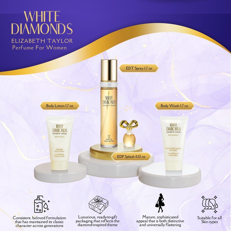Elizabeth Taylor White Diamonds Ladies Gift Set With Spray, Body Lotion, Body Wash & Perfume