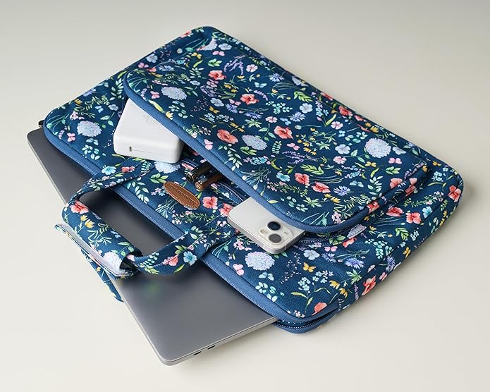 Maison d'Hermine Laptop Bag with Pocket Upto 13.5 inch Stain and Water Repellent Cotton Canvas Spring Summer (Just Floral - Blue)