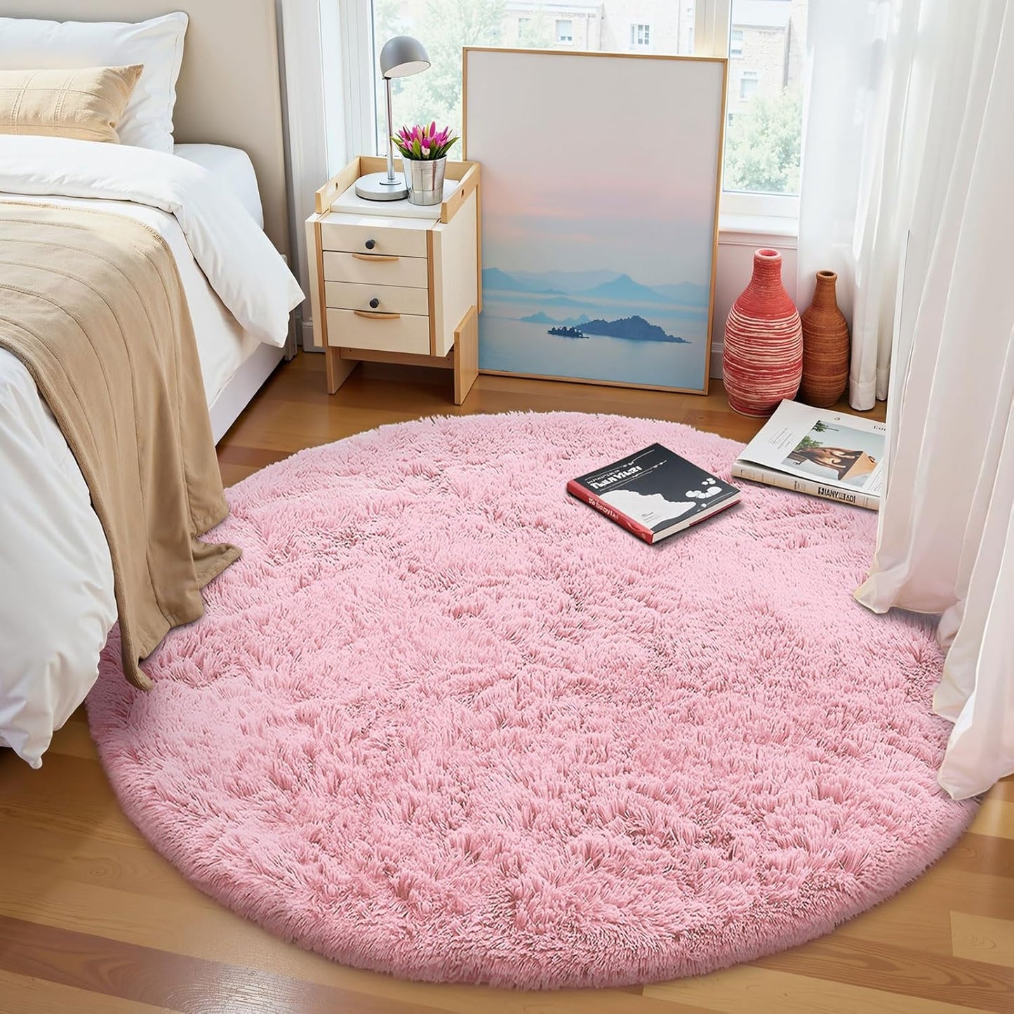 OLANLY Pink Round Area Rug - Soft, Fluffy, Machine Washable 8 ft Circle Carpet for Bedrooms & Nurseries