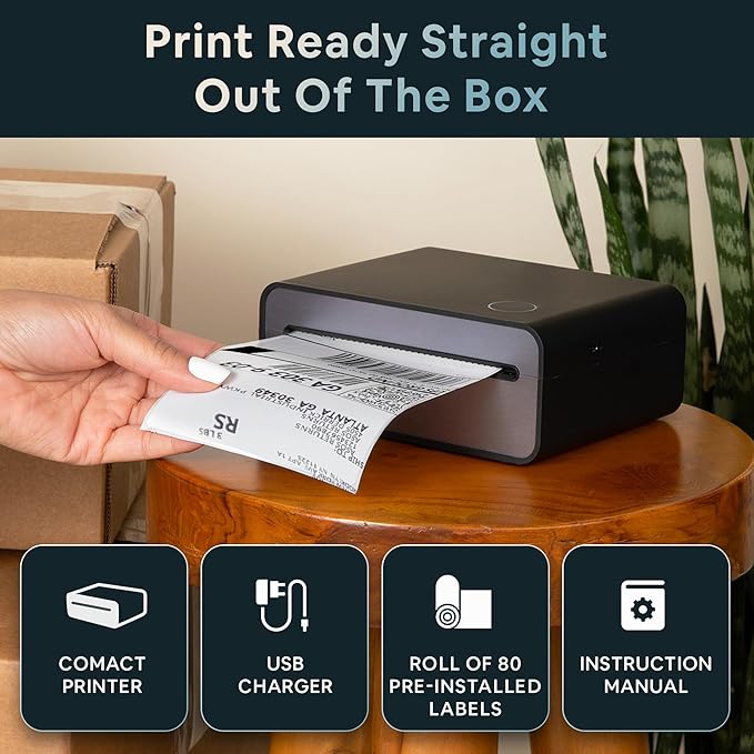 Zeturn 4x6 Thermal Shipping Label Printer - Wireless Bluetooth, Rechargeable Battery, No Ink Needed - for iPhone, Android, Home