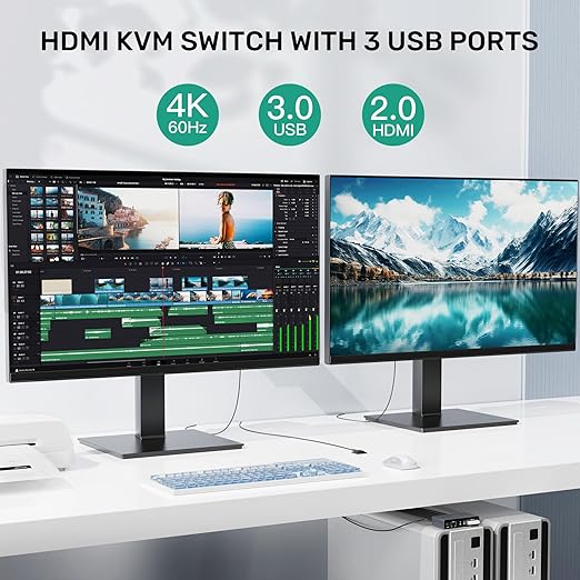 SUIDEK HDMI KVM Switch 2 Monitors 2 Computers - 4K@60Hz Aluminum with 3 USB 3.0 Ports Audio & Microphone Ports Share Dual Monitors Keyboard Mouse Printer - 2 USB Cable Controller Adapter