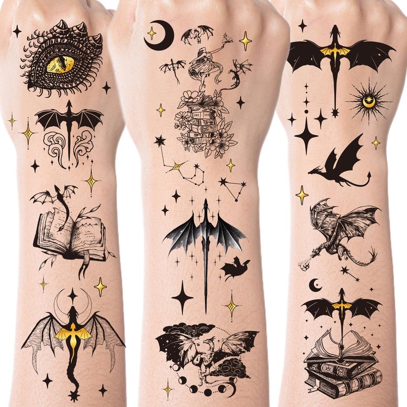 Black Wings Dragon Temporary Tattoos - 200+ Dragon Birthday Party Decorations Favors Supplies Dark Mysterious Ancient Animals Tattoo Stickers for Kids Boys Girls Dragons Goodie Bags Fillers Gifts