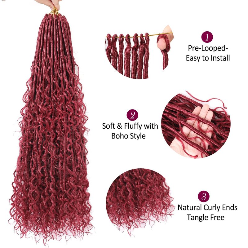 9 packs Boho Faux Locs Crochet Hair, 24 Inch, Burgundy Pre Looped Goddess Soft Locs Crochet Hair with Curly Ends, Bohemian River Locs for Black Women(BUG#, 24 Inch)