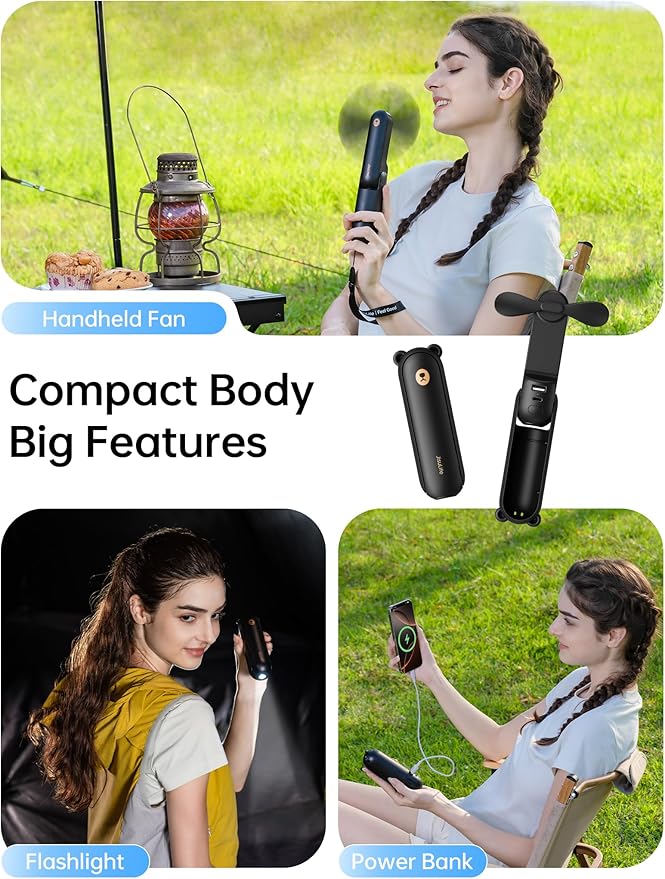 JISULIFE Handheld Fan 8 Plus: All-in-One Mini Fan with 40Hrs Cooling & 4500mAh PowerBank & Flashlight, USB Rechargeable, Portable Pocket Size for Travel, Makeup, Concert, Gifts for Women(Black)