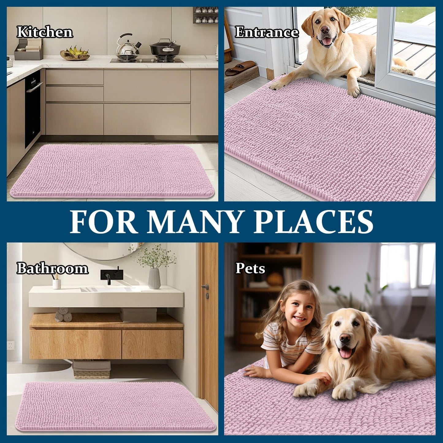 OLANLY Dog Door Mat - Absorbent Non-Slip Chenille Mat for Muddy Paws | 54x24, Quick Dry, Dusty Rose