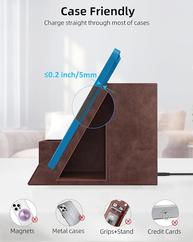 Investme Wireless Charger with Desk Organizer, Pen Pencil Holder, Multifunctional Desktop Organizer, Office Supplies and Desk Accessories Organizer with 3 Compartments and 1 Phone Stand, Dark Brown