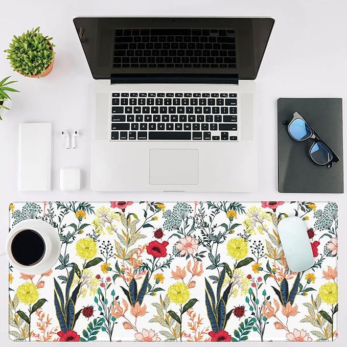 NIYLYNSYN Mouse Pad Large Summer Flower Non-Slip Gaming Desk Mat with Stitched Edge Laptop Keyboard Desk Pad for Work Home Gaming (35.4 x 15.7 Inches)
