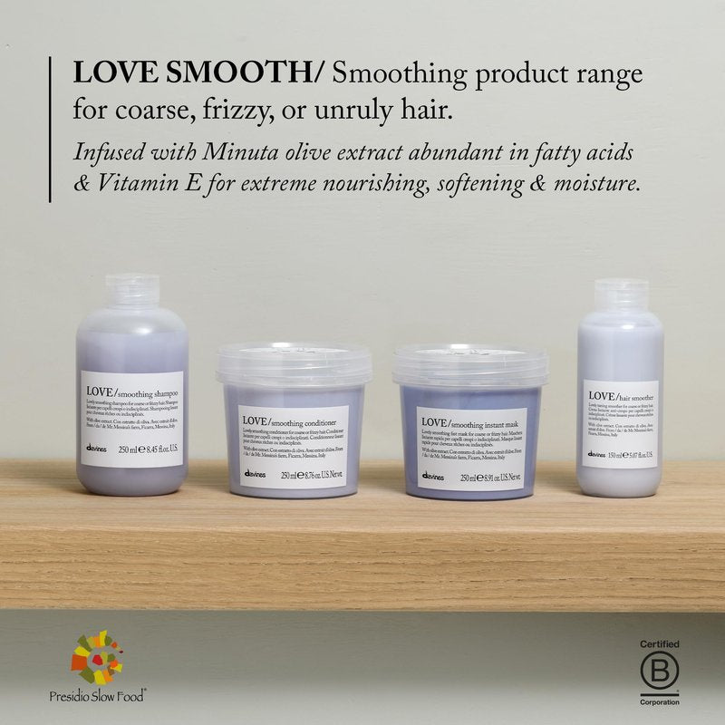 Davines LOVE Smoothing Instant Mask, Taming Anti-Frizz Fast-Acting Action for Wavy, Unruly, Coarse Hair - Smooths Flyaways & Reduces Volume in 30 Seconds with Minuta Olive Extract, 8.45 Fl Oz