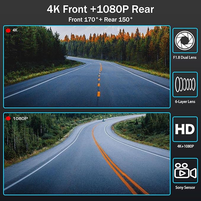 Mirror Dual Dash Camera,4K and 2.5K Dash Cam with Voice Control Rear View Mirror Camera and WiFi,GPS Dashcam for Cars with WDR Night Vision, G-Sensor, 24 Parking Monitor ABS (Include 64GB Card)